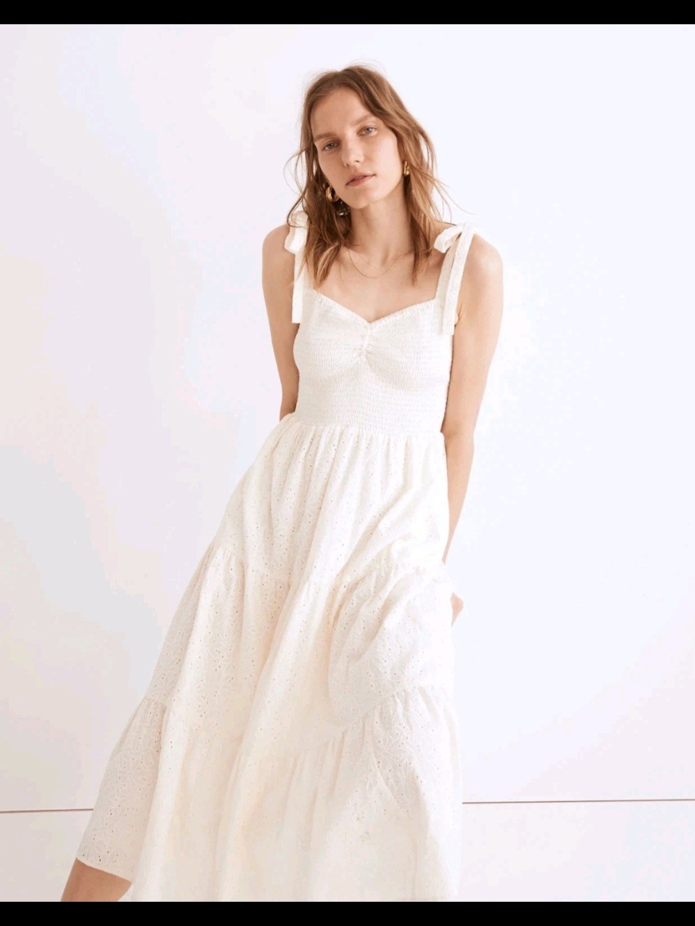 MADEWELL Eyelet Lucie Tie-Strap Tiered Midi Dress Off White Sz S Cotton Dress - Picture 1 of 4